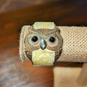 Golden Owl Bangle Bracelet with MOP Feathers